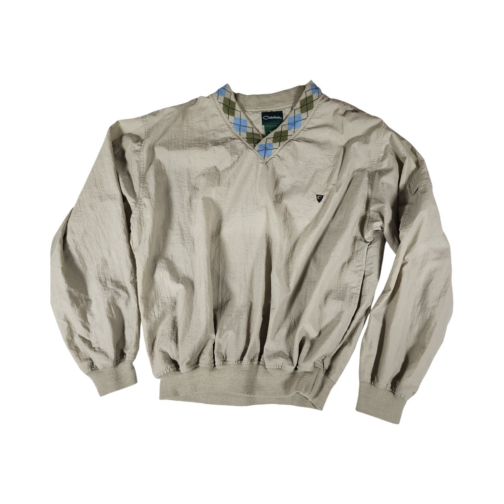 Catalina Mens Vintage V-Neck Golf Windbreaker Tan Argyle Trim Small Pullover